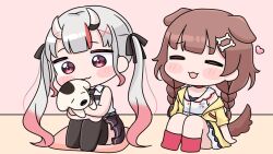  2girls :3 :d animal animal_ears animal_hug bare_arms bare_shoulders black_bow black_necktie black_skirt black_thighhighs blush_stickers bone_hair_ornament bow braid brown_hair cartoon_bone chibi closed_eyes closed_mouth collared_shirt cushion dog dog_ears gradient_hair grey_hair hair_bow hair_ornament heart hololive horns indoors inugami_korone inugami_korone_(1st_costume) long_hair low_twintails mochimiko multicolored_hair multiple_girls nakiri_ayame nakiri_ayame_(streetwear) necktie no_shoes oni pleated_skirt red_eyes red_hair red_socks shirt skirt sleeveless sleeveless_shirt smile socks streaked_hair thigh-highs twin_braids twintails very_long_hair virtual_youtuber white_shirt x_hair_ornament zabuton 