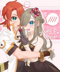  ... 1boy 1girl bare_shoulders blue_eyes blush brown_dress brown_gloves brown_hair character_name collarbone couple dress fingerless_gloves flying_sweatdrops gloves green_eyes hair_ornament hair_over_one_eye hand_in_another's_hair heart hetero highres holding hug jacket kahataredoki_05 long_hair looking_at_viewer luke_fon_fabre nervous_sweating official_alternate_costume open_mouth popped_collar red_hair short_hair short_sleeves sidelocks spoken_blush spoken_ellipsis strapless strapless_dress sweat sweatdrop tales_of_(series) tales_of_the_abyss tear_grants upper_body white_jacket 