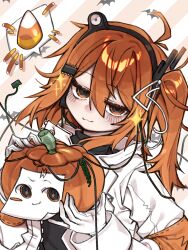  1girl a.i._voice adachi_rei candy candy_corn closed_mouth danchoo food gloves halloween highres holding holding_pumpkin jacket long_sleeves looking_at_viewer medium_hair one_side_up open_clothes open_jacket orange_eyes orange_hair pumpkin solo upper_body utau white_gloves white_jacket 