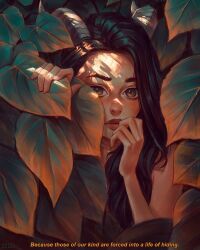  1girl angel_ganev arm_up black_shirt closed_mouth commentary dappled_sunlight english_commentary english_text grey_eyes hair_over_shoulder hand_to_own_mouth hand_up highres jewelry leaf long_hair looking_at_viewer necklace original realistic red_lips shirt sleeveless sleeveless_shirt solo subtitled sunlight thick_eyebrows upper_body 