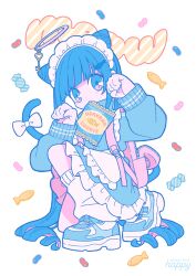  1girl absurdres apron bag_of_chips blue_eyes blue_hair blue_jacket blue_shoes blue_skirt blunt_bangs bow cat_tail cone_hair_bun fish_hair_ornament frilled_skirt frills full_body hair_bun hair_ornament halo hands_up happy_(happi_illust) high_collar highres jacket jersey_maid long_hair long_sleeves looking_at_viewer maid maid_apron maid_headdress on_one_knee original paw_pose shoes skirt sleeves_past_wrists solo tail unconventional_maid very_long_hair white_background white_bow 