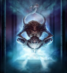  1boy blue_theme chaos_(warhammer) chest_mouth divine_entity extra_mouth extra_teeth fingernails floating grin hole klaher_baklaher pillar ribs sharp_fingernails sharp_teeth shoulder_spikes skull smile smoke solo spikes stairs teeth tentacles tzeentch warhammer_40k 