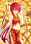  1girl alastor_(shakugan_no_shana) bread chinese_clothes crop_top food gundam00uc highres long_hair looking_at_viewer melon_bread midriff navel red_eyes redhead shakugan_no_shana shana solo 