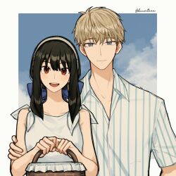  1boy 1girl absurdres black_hair blonde_hair blue_eyes brown_eyes brown_hair collared_shirt ducartoon highres looking_at_viewer open_mouth shirt signature spy_x_family striped_clothes striped_shirt teeth twilight_(spy_x_family) upper_body upper_teeth_only white_shirt yor_briar 