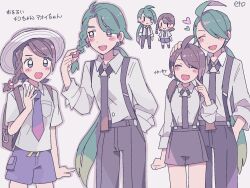  2girls :&gt; :d alternate_costume alternate_hairstyle black_gloves black_necktie black_pants black_shorts blush_stickers borrowed_hairstyle braid brown_hair chibi chibi_inset collared_shirt earrings gloves green_hair grey_eyes hat highres jewelry juliana_(pokemon) long_hair looking_at_another looking_at_viewer multiple_girls multiple_views necktie open_mouth pants pokemon pokemon_sv ponytail purple_necktie purple_shorts red_eyes remoooon rika_(pokemon) school_uniform shirt shorts simple_background smile standing triangle_earrings upper_body uva_academy_school_uniform white_background white_hat white_shirt 