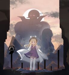  +_+ 3girls absurdres bird blonde_hair brown_hat closed_eyes closed_mouth coat commentary frog_hair_ornament green_hair hair_ornament hat highres hisou_tensoku interlocked_fingers kochiya_sanae lab_coat long_hair long_sleeves looking_at_viewer mecha moriya_suwako mountainous_horizon multiple_girls no_noru onbashira open_clothes open_coat own_hands_together pleated_skirt purple_skirt purple_vest ribbon-trimmed_sleeves ribbon_trim robot sandals short_sleeves skirt skirt_set smile thigh-highs touhou vest white_coat white_thighhighs wide_sleeves yasaka_kanako 