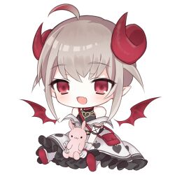  1girl ahoge arm_strap bag bare_shoulders belt blush bracelet broken_heart_print chibi chibi_only collar colored_tips cross cross_print curled_horns demon_girl demon_horns demon_wings detached_wings dress dyed_ahoge fang frilled_dress frills full_body gloves grey_hair hair_between_eyes handbag heart heart_print highres holding holding_stuffed_toy horns jewelry long_dress makaino_ririmu makaino_ririmu_(1st_costume) milk_merry multicolored_hair nijisanji no_socks off-shoulder_dress off_shoulder open_mouth outstretched_legs pointy_ears red_bag red_collar red_eyes red_horns red_shoes red_streaks red_wings shirt_under_dress shoe_soles shoes short_hair shoulder_bag sidelocks sitting skin_fang smile solo streaked_hair stuffed_animal stuffed_rabbit stuffed_toy transparent_background undershirt virtual_youtuber white_dress white_gloves white_shoes wings 