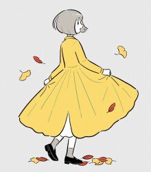  1girl autumn_leaves black_eyes black_shoes blush bob_cut colored_skin commentary dress falling_leaves from_behind full_body gesooo_4 ginkgo_leaf grey_hair grey_socks highres leaf loafers long_sleeves looking_at_viewer looking_back original shoes short_hair simple_background socks solo standing white_skin yellow_dress 