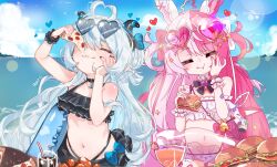  2girls =_= absurdres akugaki_koa animal_ears antenna_hair beach bikini bikini_skirt black_choker black_fikini black_horns black_nails blue_bow blue_hair blue_sky blush bow bowtie breasts burger choker chromashift closed_eyes collar crescent crescent_hair_ornament cup day demon_girl demon_horns drinking_glass drinking_straw eating english_commentary food foodgasm frilled_bikini frilled_collar frilled_wrist_cuffs frills glass hair_bow hair_ornament hair_rings hand_on_own_cheek hand_on_own_face heart heart-shaped_eyewear heart_antenna_hair highleg highleg_bikini highres holding holding_burger holding_food holding_pizza horizon horns lalabell_lullaby lens_flare long_hair loving_aura lupinus_lullaby multicolored_hair multiple_girls navel nean_black ocean pendant_choker pink-tinted_eyewear pink_bow pink_hair pink_nails pizza pizza_slice pouch purple_bow purple_bowtie purple_nails rabbit_brooch rabbit_ear_panties rabbit_ears second-party_source signature sky small_breasts sparkle_hair_ornament split-color_hair star_ahoge stomach swimsuit tinted_eyewear transparent_innertube two-tone_hair very_long_hair virtual_youtuber white_bikini white_bow white_hair wine_glass wrist_cuffs 