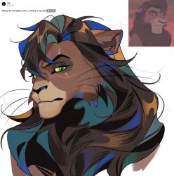  1boy animal_ears closed_mouth commentary_request highres karmaho korean_commentary korean_text kovu_(the_lion_king) lion lion_boy lion_ears lion_mane male_focus no_humans reference_inset scar scar_across_eye scar_on_face the_lion_king_2:_simba&#039;s_pride translation_request upper_body whiskers white_background 
