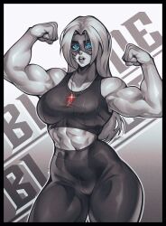  blonde_blazer blue_eyes dispatch flexing glowing glowing_eyes greyscale highres jewelry mask milka01477 monochrome muscular muscular_female necklace tank_top 