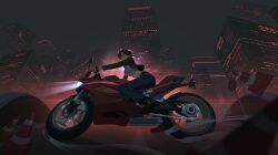  1girl absurdres artist_logo backlighting black_pants boots breasts brown_hair building city closed_mouth crop_top cropped_jacket drifting ear_cuffs earrings from_below full_body headlight_beam highres izsly jacket jewelry logo long_sleeves motor_vehicle motorcycle navel night on_motorcycle original outdoors pants riding road road_sign scenery short_hair sign skyscraper smoke solo traffic_cone 