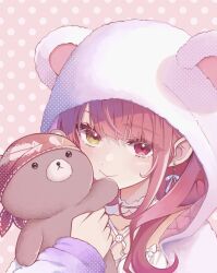  1girl absurdres close-up commentary dress earrings hashtag-only_commentary heterochromia highres holding holding_stuffed_toy hololive hood hood_up hooded_jacket houshou_marine houshou_marine_(roomwear) jacket jewelry long_hair looking_at_viewer mt_mozuku red_eyes red_hair smile solo stuffed_animal stuffed_toy teddy_bear virtual_youtuber white_dress white_jacket 