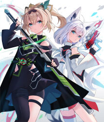  2girls absurdres alternate_costume animal_ears bare_shoulders black_dress black_sleeves blonde_hair blue_eyes blurry blurry_background boost_mark_ix_buckle bujinsword_buckle commentary_request cosplay cowboy_shot desire_driver detached_sleeves dress energy_gun fingerless_gloves fox_ears fox_girl geats_buster_qb9 gloves gun high_ponytail highres holding holding_gun holding_sword holding_weapon hololive kamen_rider kamen_rider_geats kamen_rider_geats_(cosplay) kamen_rider_geats_(series) kamen_rider_geats_ix kamen_rider_geats_ix_(cosplay) kamen_rider_tycoon kamen_rider_tycoon_(cosplay) kamen_rider_tycoon_bujinsword kamen_rider_tycoon_bujinsword_(cosplay) kazama_iroha long_hair looking_at_another looking_back multiple_girls ponytail raccoon_ears raccoon_girl shirakami_fubuki soma443 sword virtual_youtuber weapon white_dress white_hair white_sleeves 