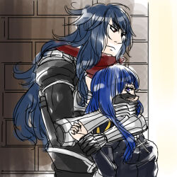  1boy 1girl armor assassin_cross_(ragnarok_online) black_dress black_shirt blue_hair brick_wall closed_mouth commentary_request covering_another's_mouth cross cross_necklace dress eremes_guile expressionless jewelry long_hair looking_at_another necklace pauldrons priest_(ragnarok_online) ragnarok_online red_eyes red_scarf scarf shirt shoulder_armor toriria upper_body vambraces violet_eyes 