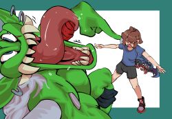  absurdres bat_(animal) bone club_(weapon) colored_skin digimon digimon_(creature) earrings eye_mask green_skin highres holding holding_bone holding_club holding_weapon horns jewelry long_hair mask multiple_boys ogre open_mouth orgemon picodevimon popopcorn sharp_teeth skull_print teeth tongue torn_wings weapon wings 