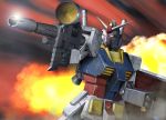  aiming beam_rifle damaged energy_gun explosion glowing glowing_eyes gundam i.t.o_daynamics lens_flare mecha mobile_suit_gundam realistic reflection rx-78-2 science_fiction shield shiny weapon 