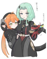  1other 2girls absurdres ahoge ammunition anger_vein black_dress black_gloves black_hat black_horns blue_eyes blush boutonniere closed_mouth commentary_request curled_horns dragon_girl dragon_horns dress fingerless_gloves flower flower_hairpin gloves green_eyes green_hair gun gusumandesuyo hair_intakes half-closed_eyes hand_on_another&#039;s_head hand_on_another&#039;s_waist hat hiding hiding_behind_another high-waist_dress highres horns isolde_(zenless_zone_zero) jewelry long_hair looking_at_another magus_(zenless_zone_zero) mechanical_horns mechanical_tail mole mole_under_mouth motion_lines multiple_girls necklace open_mouth orange_hair orange_pupils orphie_magnusson pointy_ears simple_background tail tears translation_request upper_body weapon white_background white_flower zenless_zone_zero zipper_dress 