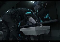  2boys bandaged_arm bandages bathroom belt black_gloves black_jacket black_pants blue_hair bowing chaos_zero_nightmare gloves heterochromia highres hood hooded_jacket jacket luke_(chaos_zero_nightmare) male_focus mirror multiple_boys pants reflection 