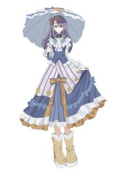  1girl ankle_boots boots dress frilled_dress frilled_umbrella frills hair_ornament hairband highres holding holding_umbrella juliet_sleeves long_hair long_sleeves orange_hairband puffy_sleeves purple_hair rfo_2011 ribbon rune_factory rune_factory_3 sofia_jalapeno_viviage solo umbrella violet_eyes white_umbrella 