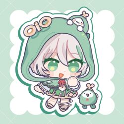  1girl bulbaasaur cecilia_immergreen chibi dress green_background green_dress green_eyes green_hood grey_hair highres hololive hololive_english otomo_(cecilia_immergreen) virtual_youtuber winding_key 