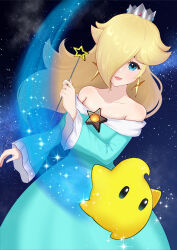  1girl :d absurdres bare_shoulders blonde_hair blue_dress blue_eyes brooch collarbone crown dress earrings eyelashes hair_over_one_eye highres holding holding_wand jewelry long_hair long_sleeves looking_at_viewer luma_(mario) off-shoulder_dress off_shoulder open_mouth rosalina smile space star_(symbol) star_brooch star_earrings super_mario_bros. super_mario_galaxy wand wing223s 