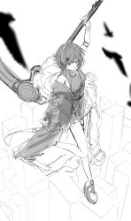  1girl arknights arm_up bird breasts crow full_body fur-trimmed_jacket fur_trim greyscale hair_ornament hairclip highres holding holding_scythe jacket la_pluma_(arknights) monochrome off_shoulder open_clothes open_jacket sandals scythe shirt short_hair shorts sketch sleeveless sleeveless_shirt small_breasts solo umogame 