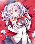  1girl blush breasts flower gloves hat kantai_collection kashima_(kantai_collection) looking_at_viewer lying murasakigo on_back rose short_hair silver_hair skirt solo twintails violet_eyes white_gloves white_rose 