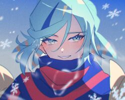  1boy aqua_eyes aqua_hair blue_scarf blurry blush commentary_request day eyelashes grin grusha_(pokemon) hair_between_eyes happy highres jacket male_focus mocacoffee_1001 outdoors pokemon pokemon_sv scarf signature smile snowflakes solo striped_clothes striped_scarf teeth upper_body yellow_jacket 