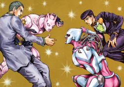  2boys 2others absurdres anchor_ornament animal_ears araki_hirohiko_(style) belt black_gloves black_hair black_skirt blue_eyes bracelet brooch brown_belt cat_ears coat collared_shirt colored_skin commentary_request crazy_diamond diamond_wa_kudakenai earrings faux_traditional_media fingerless_gloves fingernails gakuran gloves green_hair green_shirt grey_jacket grey_pants hatching_(texture) heart heart_brooch higashikata_josuke high_collar highres incoming_attack jacket jewelry jojo_no_kimyou_na_bouken kaib0y killer_queen kira_yoshikage kira_yoshikage_(bites_the_dust) lips long_sleeves male_focus miniskirt multicolored_hair multiple_boys multiple_others open_mouth orange_lips pants parted_lips peace_symbol pink_skin pompadour purple_coat purple_hair purple_pants school_uniform shirt skirt slit_pupils sparkle spikes stand_(jojo) stud_earrings suit_jacket teeth tube two-tone_hair yellow_background yellow_lips 