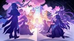  4boys 6+girls absurdres aglaea_(honkai:_star_rail) anaxa_(honkai:_star_rail) arm_tattoo bad_link book castorice_(honkai:_star_rail) cerydra_(honkai:_star_rail) chrysos_heirs_(honkai:_star_rail) cipher_(honkai:_star_rail) closed_eyes cyrene_(honkai:_star_rail) cyrene_(ripples_of_past_reverie)_(honkai:_star_rail) dan_heng_(honkai:_star_rail) dan_heng_(permansor_terrae)_(honkai:_star_rail) dress evernight_(honkai:_star_rail) flower hair_flower hair_ornament highres holding holding_sword holding_weapon honkai:_star_rail honkai_(series) hyacine_(honkai:_star_rail) hysilens_(honkai:_star_rail) long_hair march_7th_(honkai:_star_rail) multiple_boys multiple_girls mydei_(honkai:_star_rail) official_art open_book phainon_(honkai:_star_rail) sitting sky smile standing star_(sky) starry_sky sword tattoo tree tribios_(honkai:_star_rail) very_long_hair weapon 