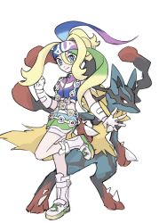 1girl blonde_hair blue_eyes boots clenched_hand closed_mouth fingerless_gloves gloves hair_between_eyes hand_up headband highres korrina_(pokemon) leg_up lucario mega_lucario pokemon pokemon_(creature) pokemon_legends:_z-a shorts simple_background smile spread_fingers standing standing_on_one_leg white_background white_boots white_gloves xlii_idk 