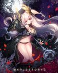  1girl black_panties black_ribbon blue_n copyright_name detached_sleeves hair_ornament hair_ribbon holding holding_weapon long_hair looking_at_viewer maplestory moon navel panties petals red_eyes ribbon silver_hair solo two_side_up underwear weapon 