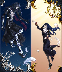  1boy 1girl armor armored_boots assassin_cross_(ragnarok_online) black_cape black_pants black_shirt black_shoes blue_dress blue_hair boots cape commentary_request cross cross_necklace dress eremes_guile feathers garter_straps grey_thighhighs jewelry juliet_sleeves long_hair long_sleeves looking_at_another necklace open_mouth pants pauldrons priest_(ragnarok_online) puffy_sleeves ragnarok_online shirt shoes shoulder_armor side_slit skull thigh-highs toriria torn_cape torn_clothes vambraces violet_eyes waist_cape 