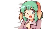  &gt;_o 1girl ;d animal_ears blue_eyes blush commentary dog_ears fang green_hair kasodani_kyouko looking_at_viewer motion_lines one_eye_closed open_mouth short_hair smile solo sparkle sparkling_eyes thumbs_up touhou upper_body wool_(miwol) 