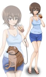  1girl animal blue_shorts blue_tank_top blush breasts brown_eyes brown_hair brown_sandals dog doge drinking drinking_straw girls_und_panzer hair_between_eyes highres holding holding_drinking_straw kkonmulbeom_nyomy large_breasts looking_at_viewer meme military_vehicle motor_vehicle nishizumi_family_dog nishizumi_maho sandals shiba_inu short_hair shorts simple_background smile tank tank_top white_background 