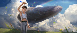  1boy abs arrow_(projectile) beitemian belt black_hair blue_sky bow_(weapon) bubble cattail clouds creature day flower highres holding holding_arrow kimitachi_wa_dou_ikiru_ka landscape leaf loose_pants maki_mahito male_focus midriff navel plant rainbow rock short_hair sky tank_top undercut warawara_(miyazaki) weapon white_tank_top yellow_flower 