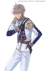  1boy ahoge black_gloves blue_sash blue_shirt commentary_request cowboy_shot epaulettes fringe_trim gloves gold_trim grey_hair hand_on_own_chest hand_on_own_hip highres idol idol_clothes jaeyun king&#039;s_raid microphone mitra_(king&#039;s_raid) multicolored_shirt official_alternate_costume official_art orange_eyes pants sash shirt smirk solo striped_sash white_pants white_sash white_shirt 