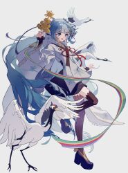  1girl absurdres aqua_hair bell bird black_sandals black_skirt black_thighhighs blush chihaya_(clothing) crane_(animal) grey_background hair_between_eyes hair_ornament hatsune_miku highres holding holding_bell japanese_clothes jingle_bell kagura_suzu long_hair long_sleeves musical_note musical_note_print musical_staff musical_staff_print official_alternate_costume official_alternate_hairstyle open_mouth qingyi_april red_nails sandals simple_background skirt smile snowflake_print striped_clothes striped_thighhighs thigh-highs twintails vertical-striped_clothes vertical-striped_thighhighs very_long_hair vocaloid wide_sleeves yuki_miku yuki_miku_(2018) 