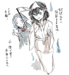  2girls black_cloak black_hair blue_hair cloak closed_eyes closed_mouth commentary ghost_costume ghost_pose green_eyes halloween halloween_costume highres hitodama holding holding_scythe japanese_clothes kimono kumoi_ichirin long_sleeves medium_hair mitsusame multiple_girls murasa_minamitsu parted_lips scythe smile symbol-only_commentary thumbs_up touhou translation_request white_kimono 