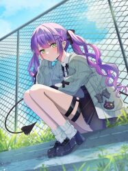  1girl aran_sweater black_bow black_bowtie black_shoes black_skirt blue_sky bow bowtie cable_knit cardigan center-flap_bangs chain-link_fence clouds collared_shirt colored_inner_hair commentary_request cross-laced_clothes cross-laced_sleeves day demon_girl demon_tail double-parted_bangs ear_piercing fence gradient_hair grass green_eyes grey_cardigan hair_ornament hairclip hand_up high-waist_skirt highres hololive knees_up long_hair looking_at_viewer loose_socks miniskirt multicolored_hair nametakeko outdoors parallel_hairclips piercing pink_hair pleated_skirt pointy_ears pom_pom_(clothes) purple_hair shirt shirt_tucked_in shoes sitting skirt sky socks solo spiked_ear_piercing sweater tail thigh_strap tokoyami_towa tokoyami_towa_(jirai_kei) twintails virtual_youtuber white_shirt white_socks 