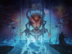  1boy 2boys adeptus_astartes blue_theme chaos_(warhammer) chaos_space_marine chest_mouth commentary divine_entity extra_eyes extra_mouth extra_teeth fingernails floating grey_eyes grin hand_eye highres holding holding_staff hole klaher_baklaher long_hair long_tongue mage_staff multiple_boys pillar ribs sharp_fingernails sharp_teeth shoulder_spikes skull smile smoke solo spikes staff stairs teeth tentacle_hair tentacles thousand_sons tongue tongue_out tzeentch warhammer_40k 