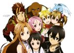  3girls 4girls absurdres adachi_shingo agil asuna_(sao) bald bandana black_eyes black_hair blonde_hair brown_eyes brown_hair dark_skin detached_sleeves dragon_on_head green_eyes hair_ornament hand_on_shoulder highres kirito klein leafa lisbeth long_hair looking_at_viewer multiple_girls open_mouth pina_(sao) pink_eyes pink_hair red_eyes short_hair short_twintails silica simple_background smile sword_art_online twintails white_background yui_(sao) 