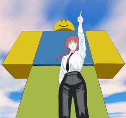  1girl absurdres black_necktie black_pants blue_sky breasts chainsaw_man clouds cloudy_sky collared_shirt commentary crossover day english_commentary from_below high-waist_pants highres large_breasts long_hair long_sleeves makima_(chainsaw_man) necktie noob_(roblox) pant_suit pants pointing red_hair ringed_eyes roblox shirt shirt_tucked_in signature sky suit virtuware white_shirt yellow_eyes 