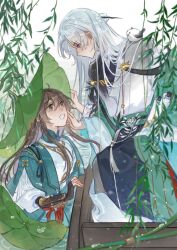  2boys :d absurdres adjusting_another&#039;s_hair ahoge animal_on_shoulder aqua_hanfu aqua_robe bird bird_on_shoulder black_gloves black_hanfu boat brown_hair chinese_clothes chinese_commentary closed_mouth coat curtained_hair daxiushan day expressionless eye_contact fingerless_gloves gloves green_coat green_sash grey_eyes hair_between_eyes hair_bun hair_ornament hair_stick half_updo hand_on_headwear hanfu highres holding holding_scroll hua_yi_shanxin_zhiyue leaf_hat ling_yan_ru long_hair long_sleeves looking_at_another looking_down looking_up lotus_leaf male_focus mandarin_collar multiple_boys off_shoulder official_alternate_costume on_boat open_clothes open_coat parted_bangs profile red_sash robe sash scroll shiyue950 single_glove single_hair_bun sitting smile sweater_guard tassel the_prince_(hua_yi_shanxin_zhiyue) tit_(bird) upper_body violet_eyes wading waist_sash water watercraft wet wet_clothes wet_hair white_hair white_hanfu white_robe wide_sleeves willow yaopei 