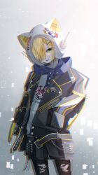  1boy 393_(rj9kjsr7od32618) animal_ear_helmet animal_ears animal_helmet arm_belt belt black_background black_belt black_jacket black_leggings black_shorts blonde_hair blue_hood cat_ears character_name clothes_writing cowboy_shot digital_dissolve drawstring drop_shadow fake_animal_ears flame_print gradient_background green_eyes hair_ornament hair_over_one_eye hairclip hand_in_pocket helmet highres hood hood_down hoodie jacket lapels leggings lightning_bolt_print looking_at_viewer loose_belt male_focus nijisanji notched_lapels open_belt open_clothes open_jacket open_mouth pocket print_hoodie short_hair shorts sidelighting solo space_helmet standing sticker torn_clothes torn_leggings unzipped uzuki_kou uzuki_kou_(5th_costume) virtual_youtuber wallet_chain white_background white_helmet white_hoodie yellow_belt yellow_trim zipper 