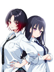  2girls back-to-back black_hair black_necktie breasts collared_shirt crossed_arms dress_shirt eqbal_lynx gradient_hair grin hand_on_own_hip highres ichinose_uruha kisaragi_ren_(vtuber) long_hair long_sleeves looking_at_viewer medium_breasts multicolored_hair multiple_girls necktie parted_bangs parted_lips red_eyes red_hair shirt short_hair simple_background sleeves_rolled_up smile streaked_hair violet_eyes virtual_youtuber vspo! white_background white_shirt wing_collar 