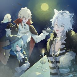  3boys anaxa_(honkai:_star_rail) animal_ears antenna_hair arm_tattoo ascot bandaged_hand bandages black_capelet black_coat black_gloves blonde_hair blue_eyes braid capelet chain chain_leash chest_tattoo coat collar commentary dog_boy dog_ears english_commentary facial_tattoo fur_trim gloves gradient_hair halloween halloween_costume hat highres honkai:_star_rail honkai_(series) jq4_3 leash male_focus medium_hair metal_collar multicolored_hair multiple_boys mydei_(honkai:_star_rail) one_eye_closed parted_bangs phainon_(honkai:_star_rail) red_hair red_tattoo shirt short_hair side_braid striped_clothes striped_shirt tattoo white_ascot white_hair white_shirt witch_hat yellow_eyes 