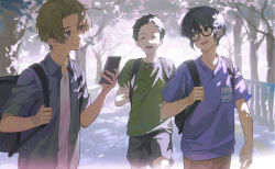  3boys :d ^_^ aged_down backpack bag black_hair blue_shirt brown_hair cellphone cherry_blossoms child closed_eyes collared_shirt dappled_sunlight day glasses green_shirt hair_between_eyes highres holding holding_phone holding_strap looking_at_another male_focus multiple_boys open_mouth original outdoors phone purple_shirt shirt short_hair shorts smile sunlight t-shirt tree violet_eyes xiaojiaju 