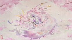  1girl 1other abbbbbbk bubble cherry_blossoms colored_skin highres horns mizutsune monster_hunter_(series) pink_scales purple_skin sleeping spines white_hair 